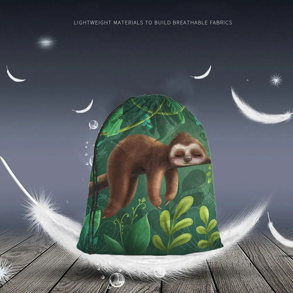 Cute Funny Sloth Drawstring Backpack Bag Relaxing On Tree Branch Animal Cartoon Tropical Jungle Sport Gym Sack Drawstring Bag String Bag Yoga Bag for Men Women