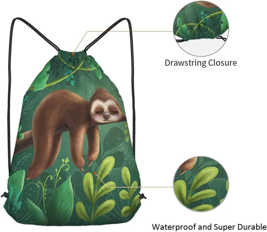 Cute Funny Sloth Drawstring Backpack Bag Relaxing On Tree Branch Animal Cartoon Tropical Jungle Sport Gym Sack Drawstring Bag String Bag Yoga Bag for Men Women