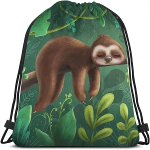 Cute Funny Sloth Drawstring Backpack Bag Relaxing On Tree Branch Animal Cartoon Tropical Jungle Sport Gym Sack Drawstring Bag String Bag Yoga Bag for Men Women