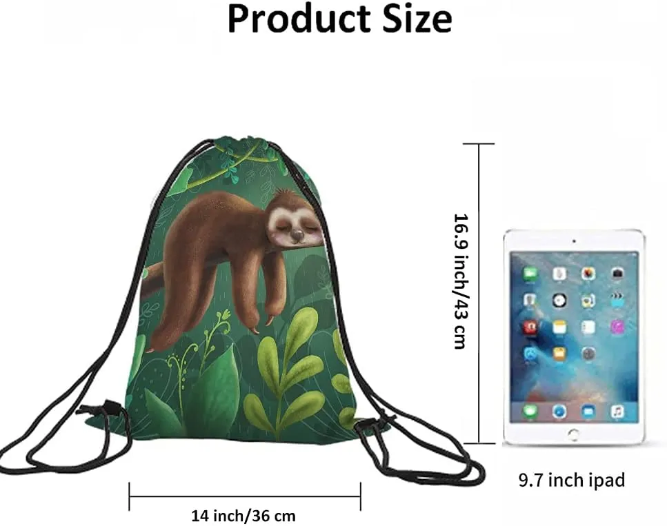 Cute Funny Sloth Drawstring Backpack Bag Relaxing On Tree Branch Animal Cartoon Tropical Jungle Sport Gym Sack Drawstring Bag String Bag Yoga Bag for Men Women