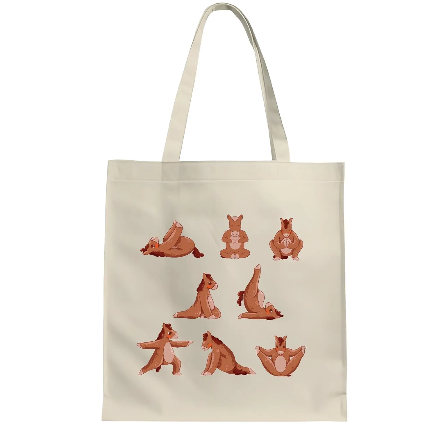 Cute Horse Design Yoga Pose Gift for Yoga Lovers White Multicolor Canvas Tote Bag