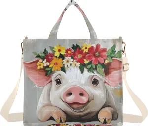 Cute Pig Garland Corduroy Tote Bag for Women Large Shoulder Bag with Pockets for Beach Work Travel Shopping S