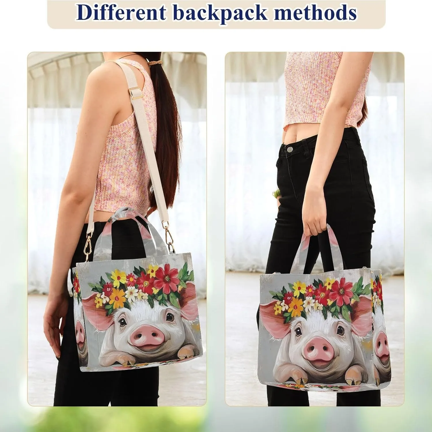 Cute Pig Garland Corduroy Tote Bag for Women Large Shoulder Bag with Pockets for Beach Work Travel Shopping S