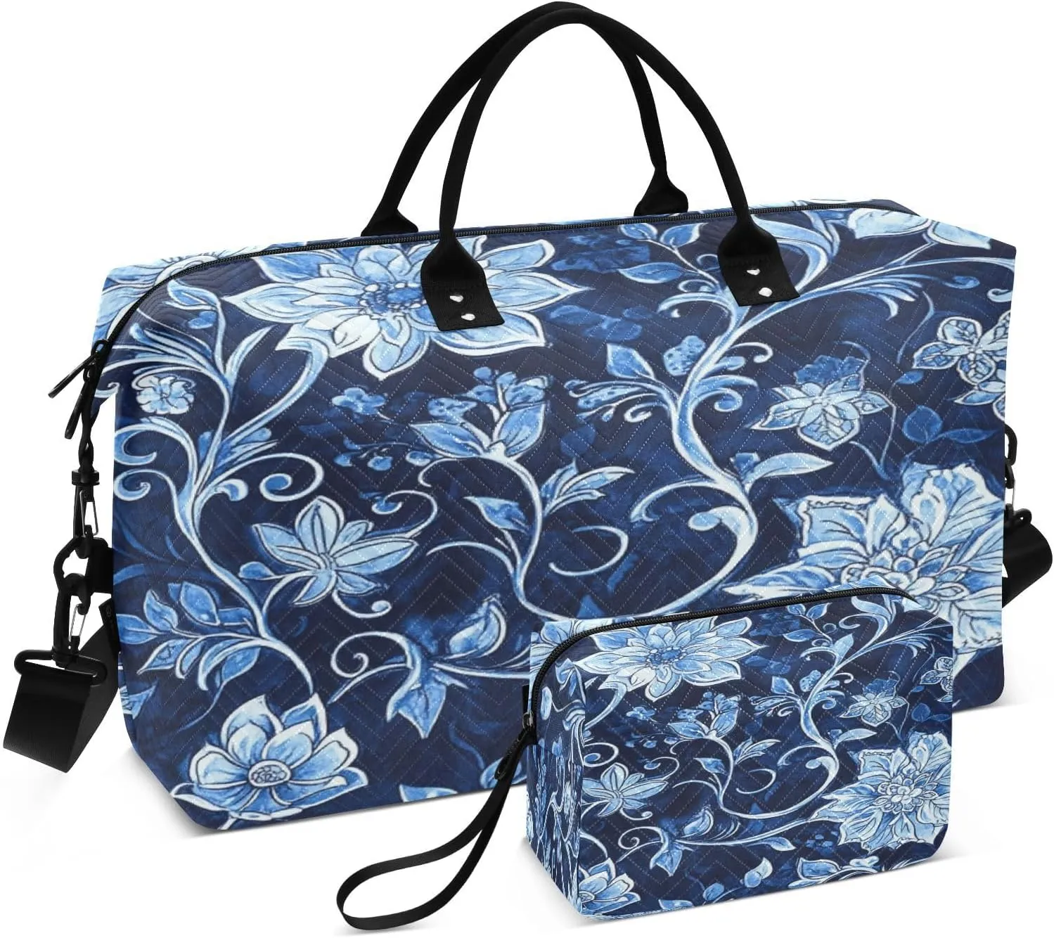 Dahlia Leaves Indigo Blue Sports Gym Bag for Women Men Travel Duffel Bag Weekend Overnight Carry on Bag with Toiletry Bag Training Handbag for Swimming Yoga Workout Hospital Plane