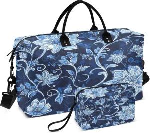 Dahlia Leaves Indigo Blue Sports Gym Bag for Women Men Travel Duffel Bag Weekend Overnight Carry on Bag with Toiletry Bag Training Handbag for Swimming Yoga Workout Hospital Plane