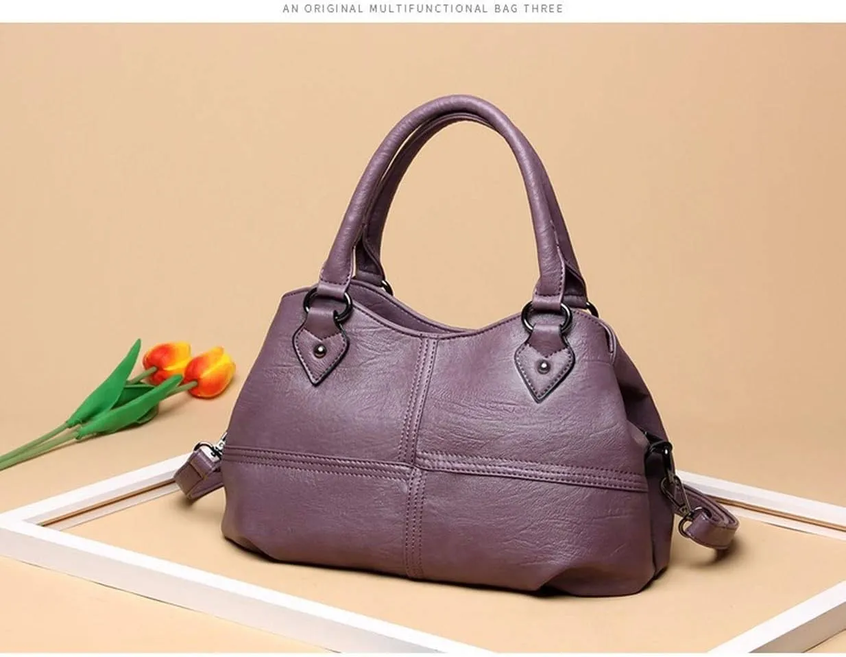 Dayfine Women's Soft Leather Stitching Three-layer Middle-aged Mother Shoulder Bag Oblique Satchel