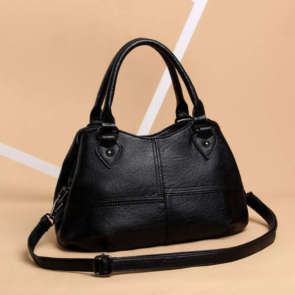 Dayfine Women's Soft Leather Stitching Three-layer Middle-aged Mother Shoulder Bag Oblique Satchel