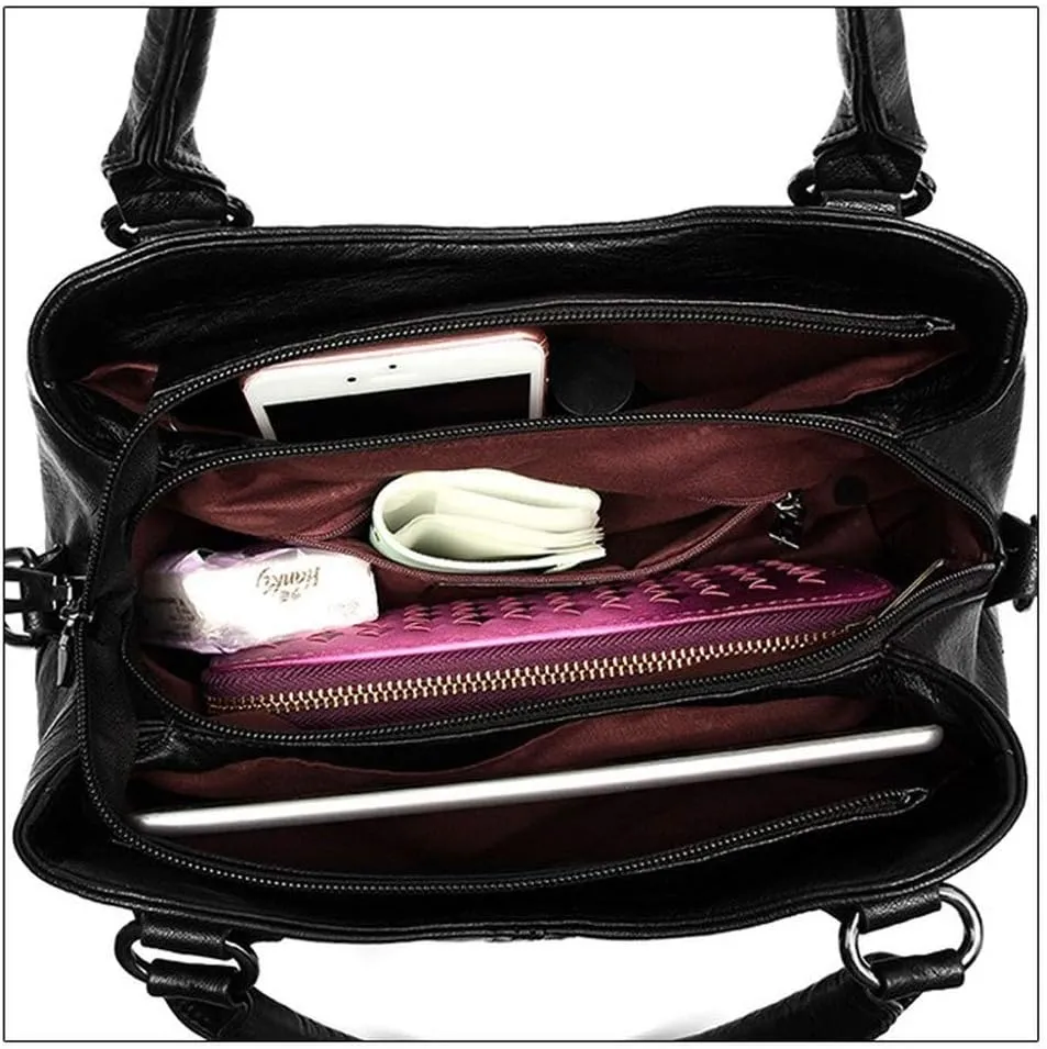 Dayfine Women's Soft Leather Stitching Three-layer Middle-aged Mother Shoulder Bag Oblique Satchel