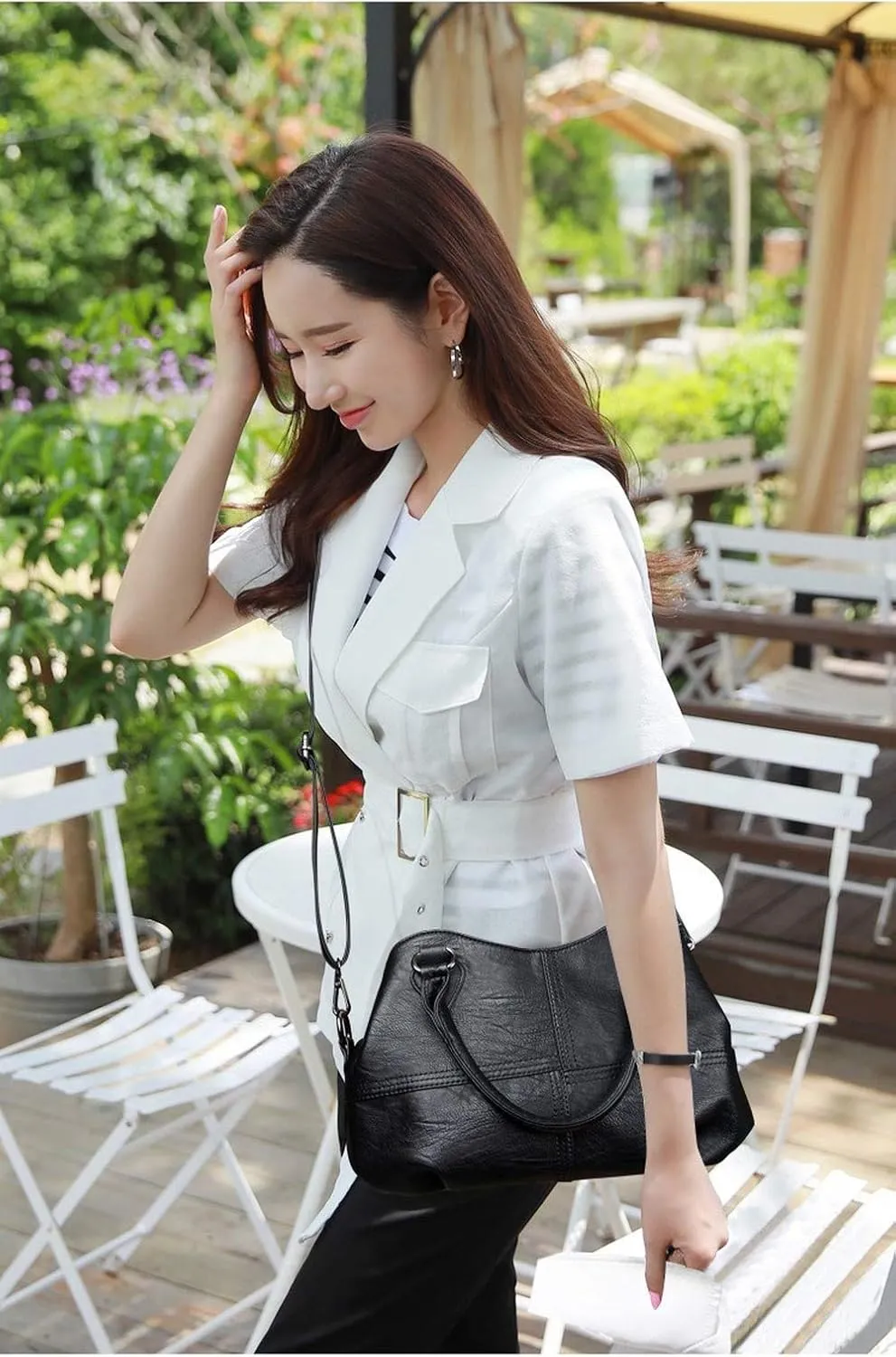 Dayfine Women's Soft Leather Stitching Three-layer Middle-aged Mother Shoulder Bag Oblique Satchel