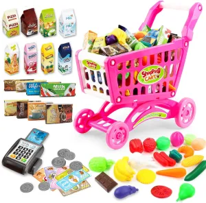 deAO Kids Shopping Cart with Food Shopping Trolley Basket for Toy Shop Kitchen 65 PCS Play Food Role Play Educational Toy (Pink)