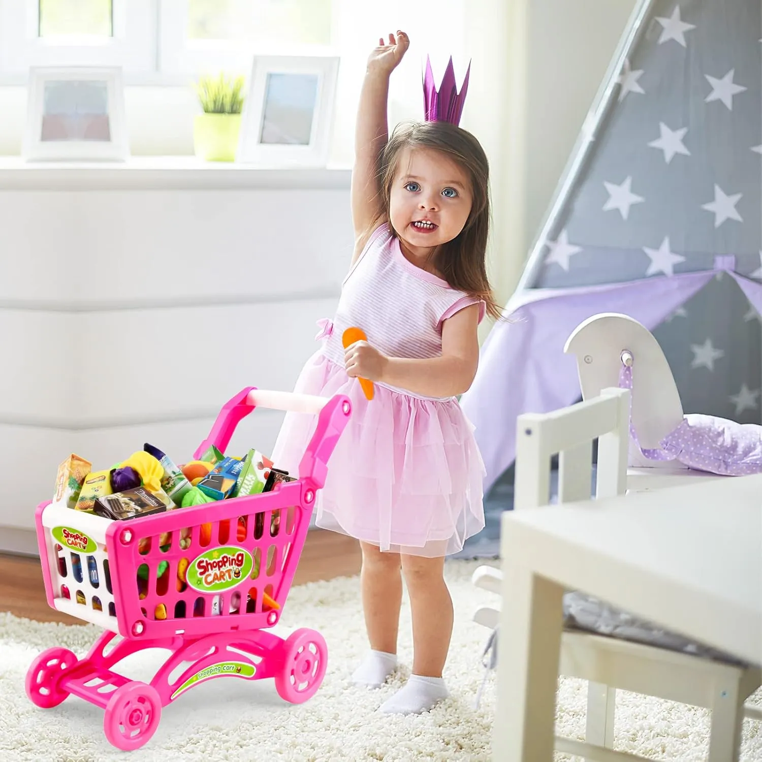 deAO Kids Shopping Cart with Food Shopping Trolley Basket for Toy Shop Kitchen 65 PCS Play Food Role Play Educational Toy (Pink)