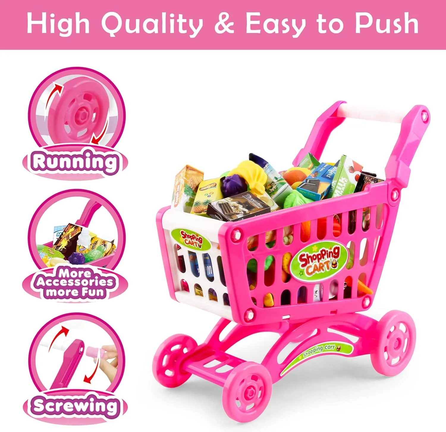 deAO Kids Shopping Cart with Food Shopping Trolley Basket for Toy Shop Kitchen 65 PCS Play Food Role Play Educational Toy (Pink)