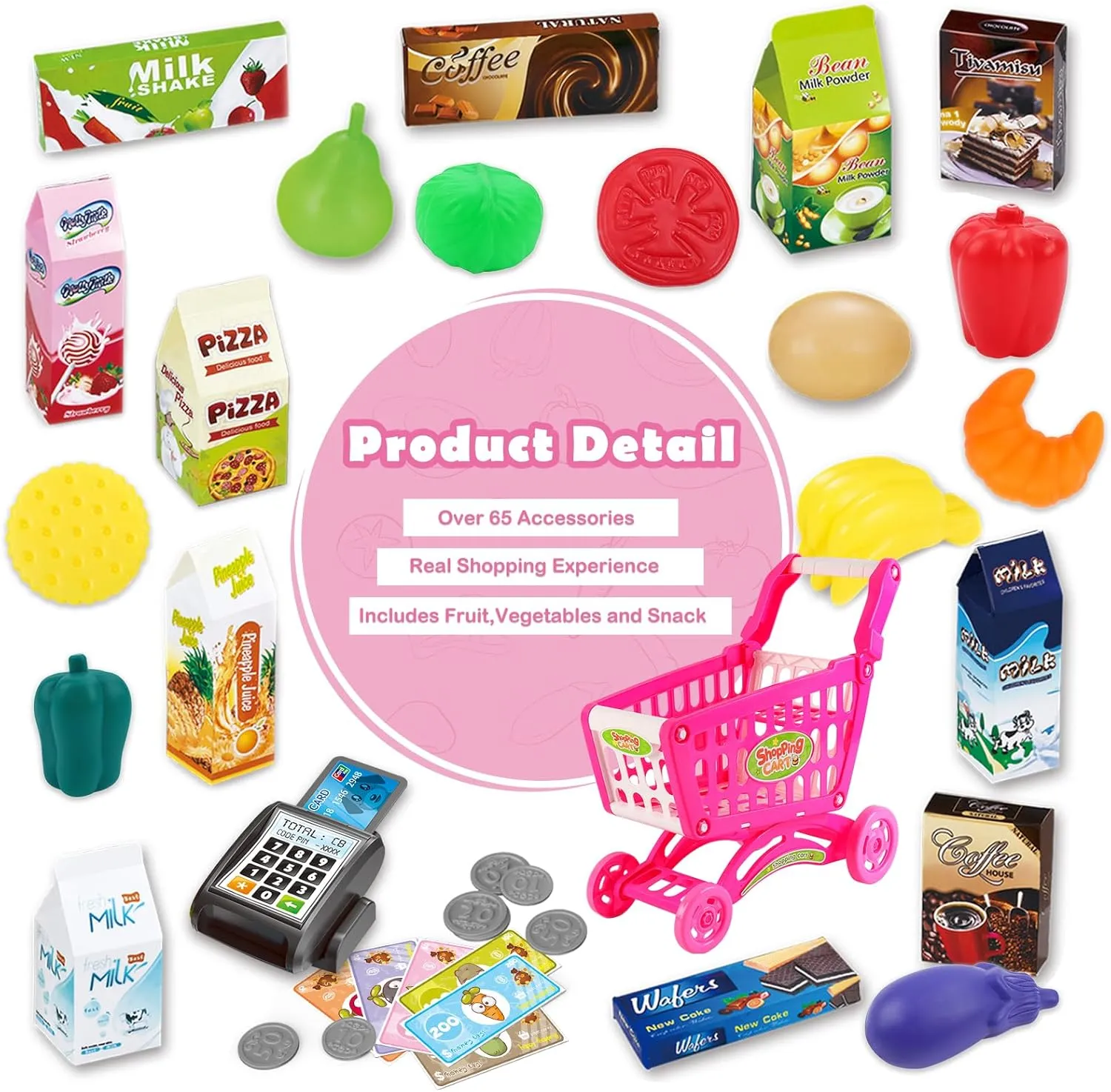 deAO Kids Shopping Cart with Food Shopping Trolley Basket for Toy Shop Kitchen 65 PCS Play Food Role Play Educational Toy (Pink)