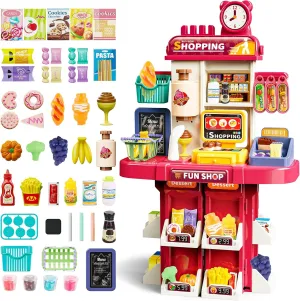 deAO Play Kitchen Playset Grocery Store Pretend Play Set for Kids Supermarket Shopping Toys with Cash Register Ice Cream Machines Play Food Accessories Birthday Gift for Kids (Pink)