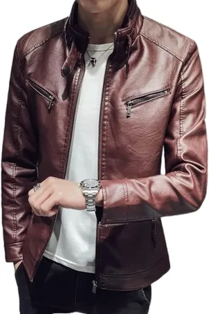 DHAEY Leather Jackets for Men Classic Suede Zipper Stand-up Collar Double Breast Pockets Long Sleeve Business (Color : Red Wine, Size : X-Large)