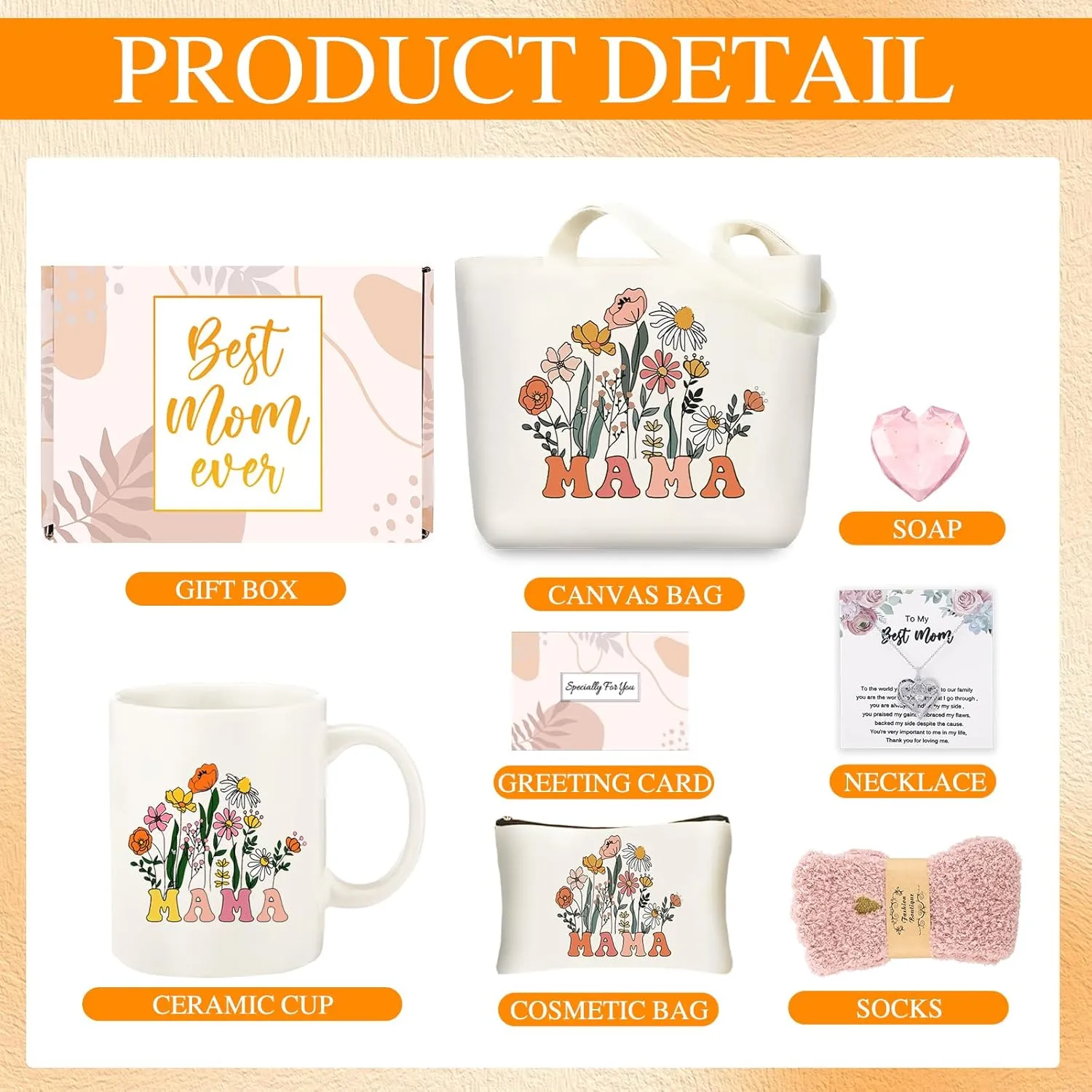 DHQH Mother’s Day Gifts for Mom from Daughter Son, Mama Birthday Gifts Set, 11oz Coffee Mug with Tote Bag, Mama Necklace for Women