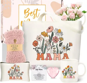 DHQH Mother’s Day Gifts for Mom from Daughter Son, Mama Birthday Gifts Set, 11oz Coffee Mug with Tote Bag, Mama Necklace for Women