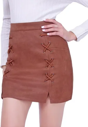 DIASHINY Womens Faux Suede Mini Skirt Above Knee Length Wrap A Line Winter Spring Fall