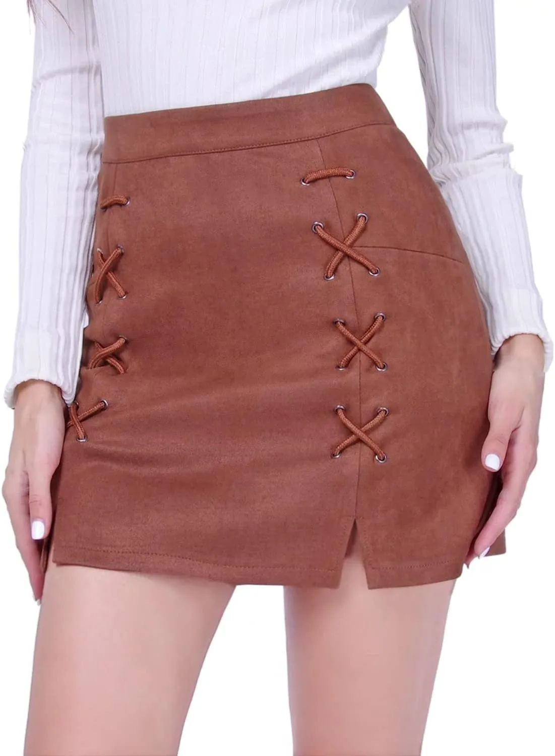 DIASHINY Womens Faux Suede Mini Skirt Above Knee Length Wrap A Line Winter Spring Fall