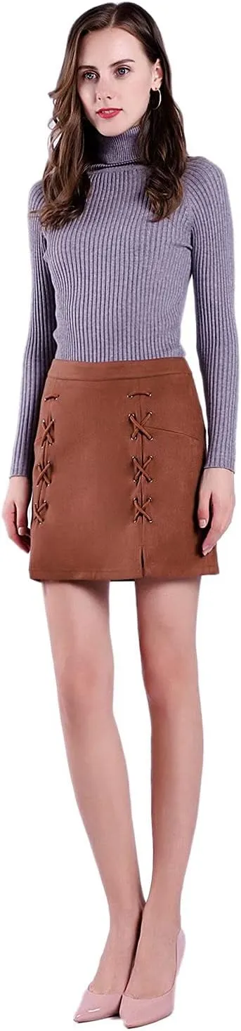 DIASHINY Womens Faux Suede Mini Skirt Above Knee Length Wrap A Line Winter Spring Fall