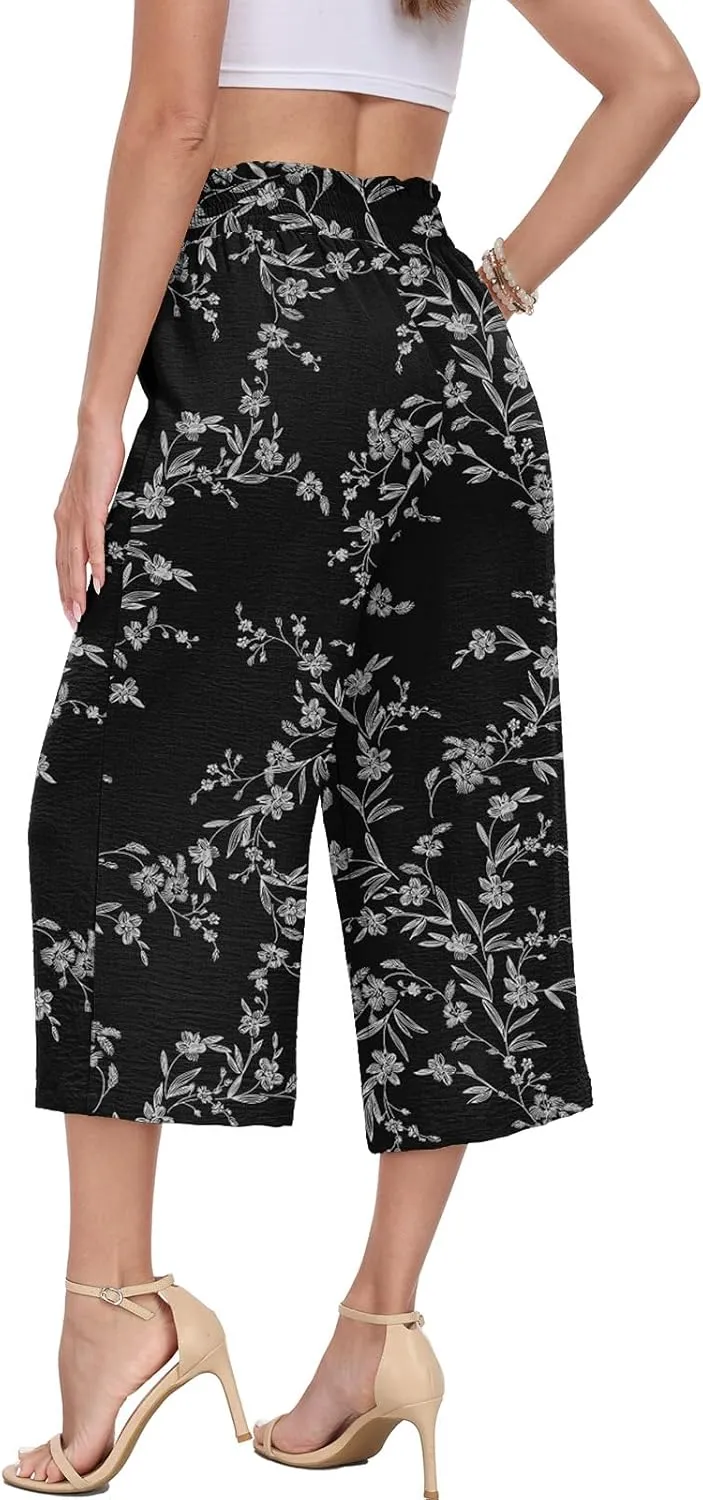 DILIUXING Capri Pants for Women Tie Waist Wide Leg Casual Pants with Pockets Lightweight High-Waist Loose Trousers