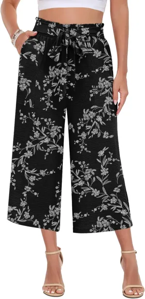 DILIUXING Capri Pants for Women Tie Waist Wide Leg Casual Pants with Pockets Lightweight High-Waist Loose Trousers