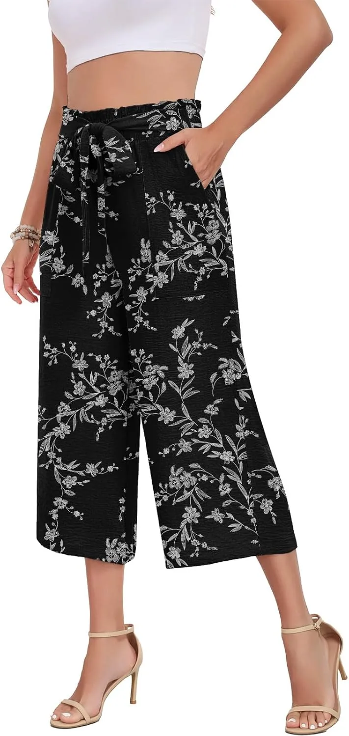 DILIUXING Capri Pants for Women Tie Waist Wide Leg Casual Pants with Pockets Lightweight High-Waist Loose Trousers