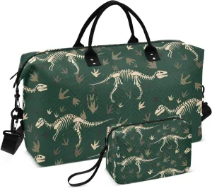 Dinosaur Skeleton Footprint Dark Sports Gym Bag for Women Men Travel Duffel Bag Weekend Overnight Carry on Bag with Toiletry Bag Yoga Bag for Yoga Workout Swimming Hospital Plane