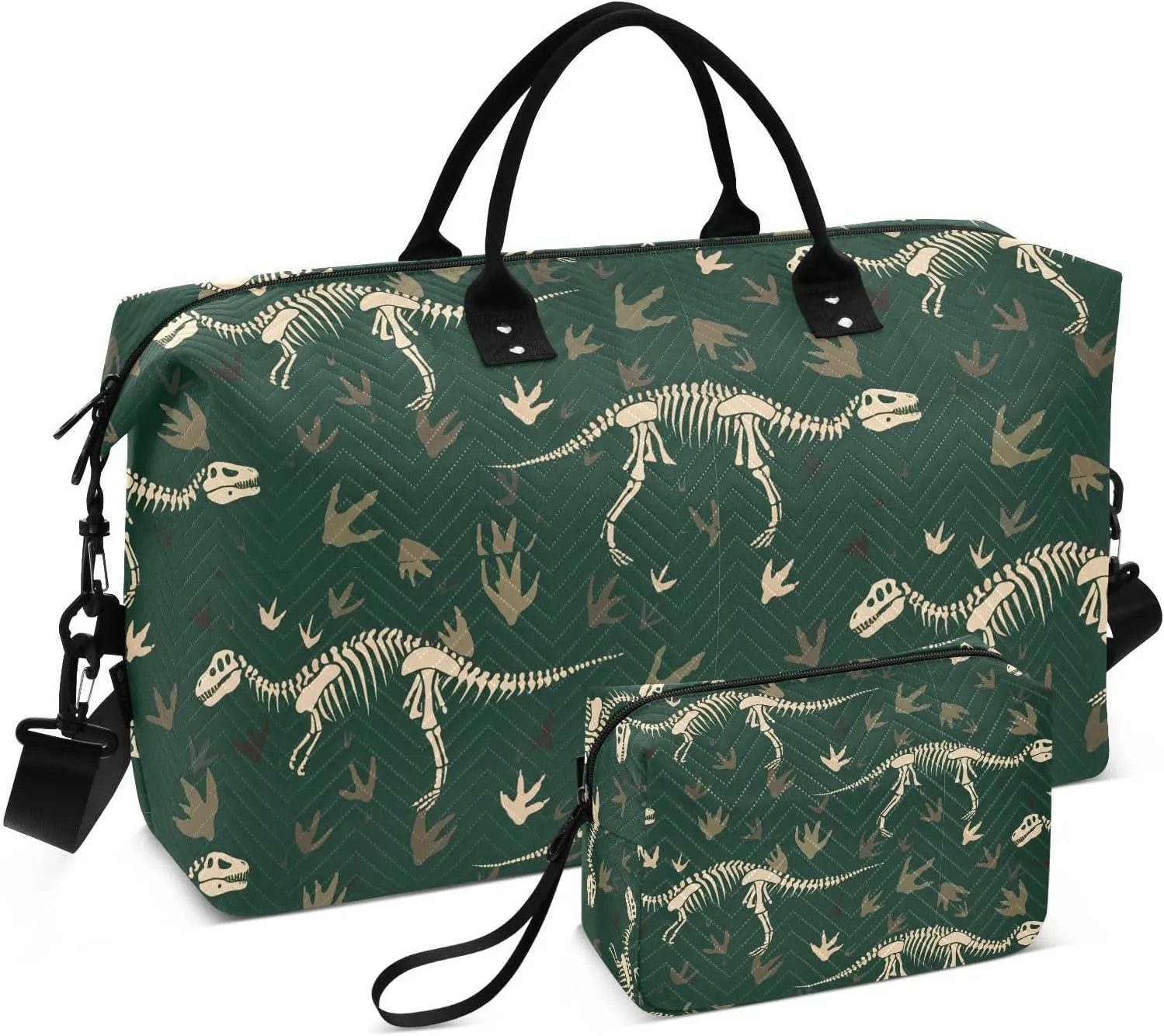 Dinosaur Skeleton Footprint Dark Sports Gym Bag for Women Men Travel Duffel Bag Weekend Overnight Carry on Bag with Toiletry Bag Yoga Bag for Yoga Workout Swimming Hospital Plane