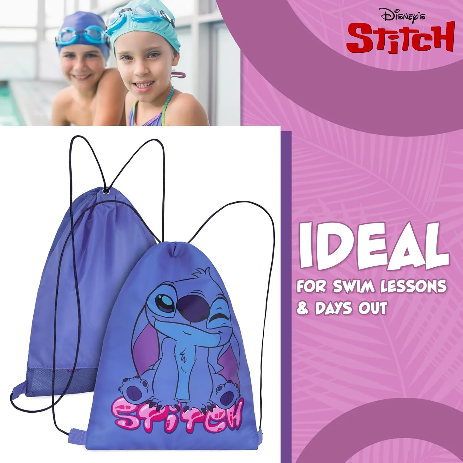 Disney Drawstring Bags, 11 x 14” Swimming Bag with Airflow Vent (Blue Stitch)