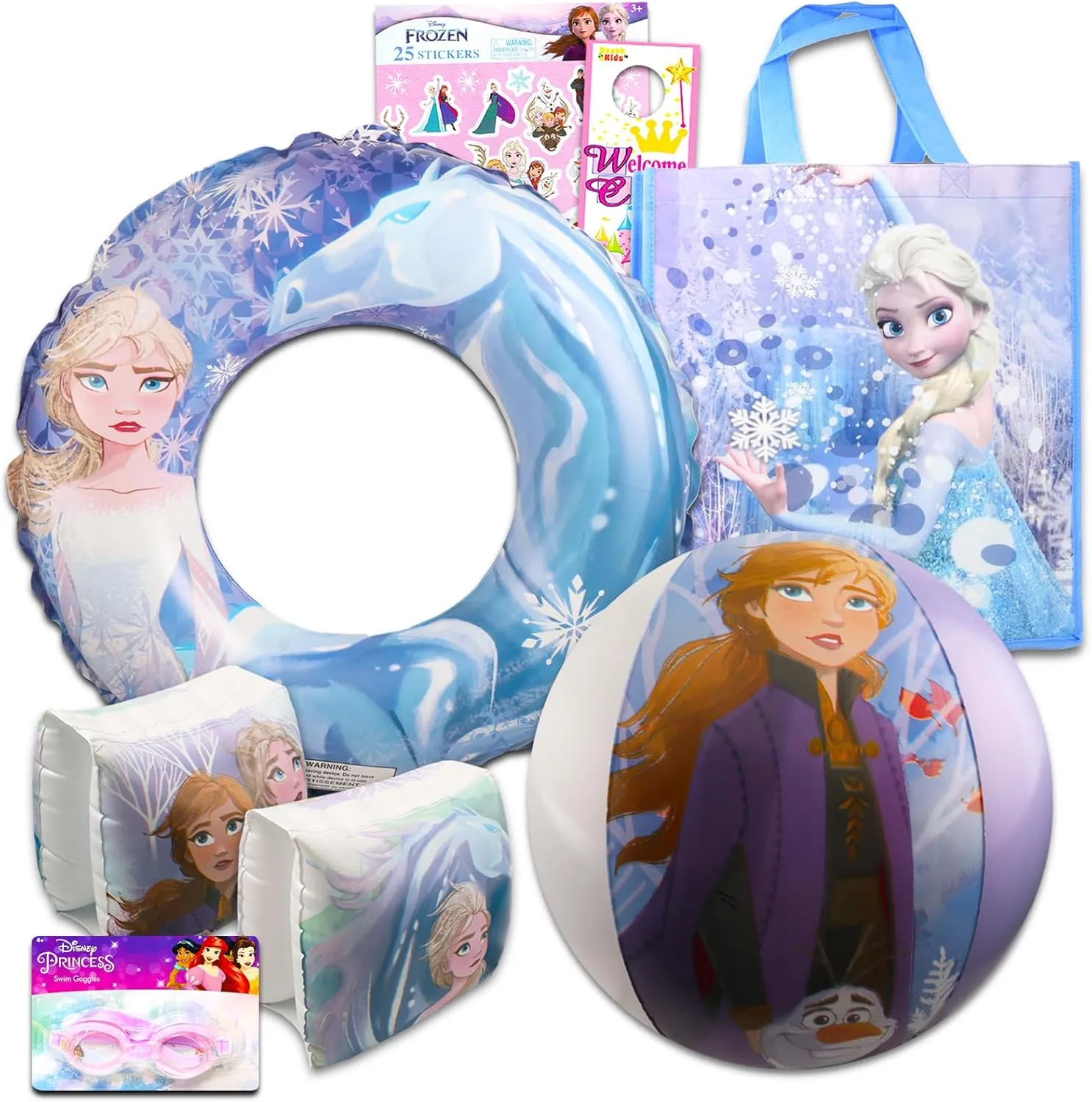 Disney Frozen Ultimate Beach Set - 6 Pc Disney Pool Toys Bundle with Frozen Beach Ball, Swim Ring, Goggles, and Tote Bag Plus Stickers and More (Frozen Gift Set)