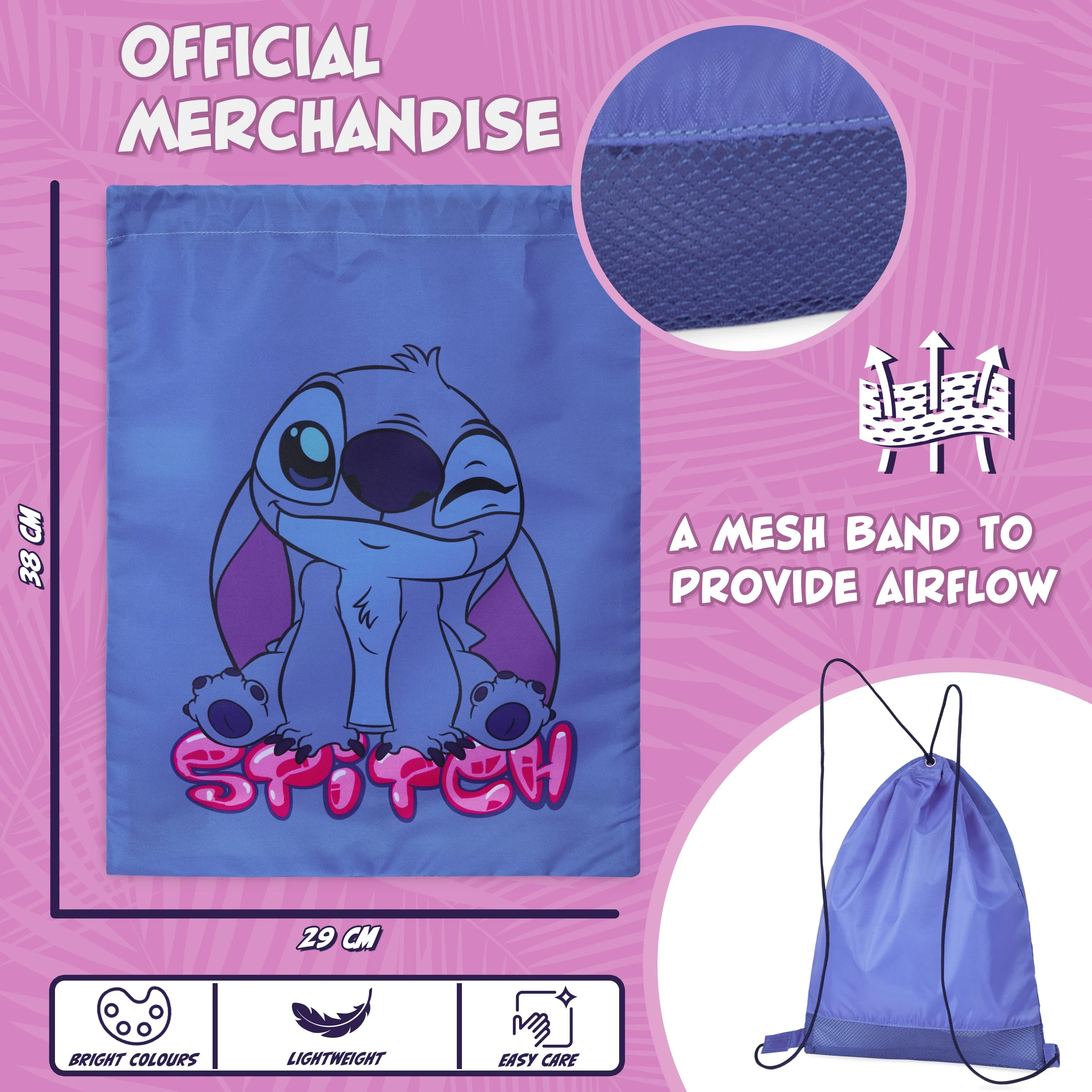 Disney Kids Drawstring Bags, 29 x 38cm Swimming Bag with Airflow Vent - Stitch