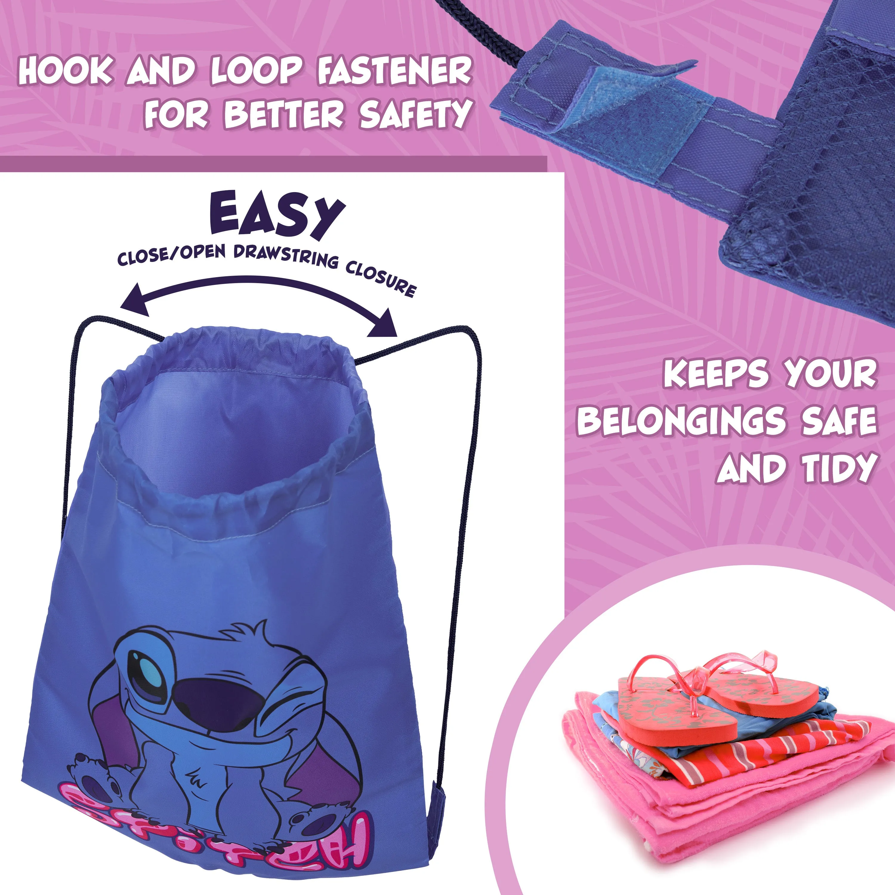Disney Kids Drawstring Bags, 29 x 38cm Swimming Bag with Airflow Vent - Stitch
