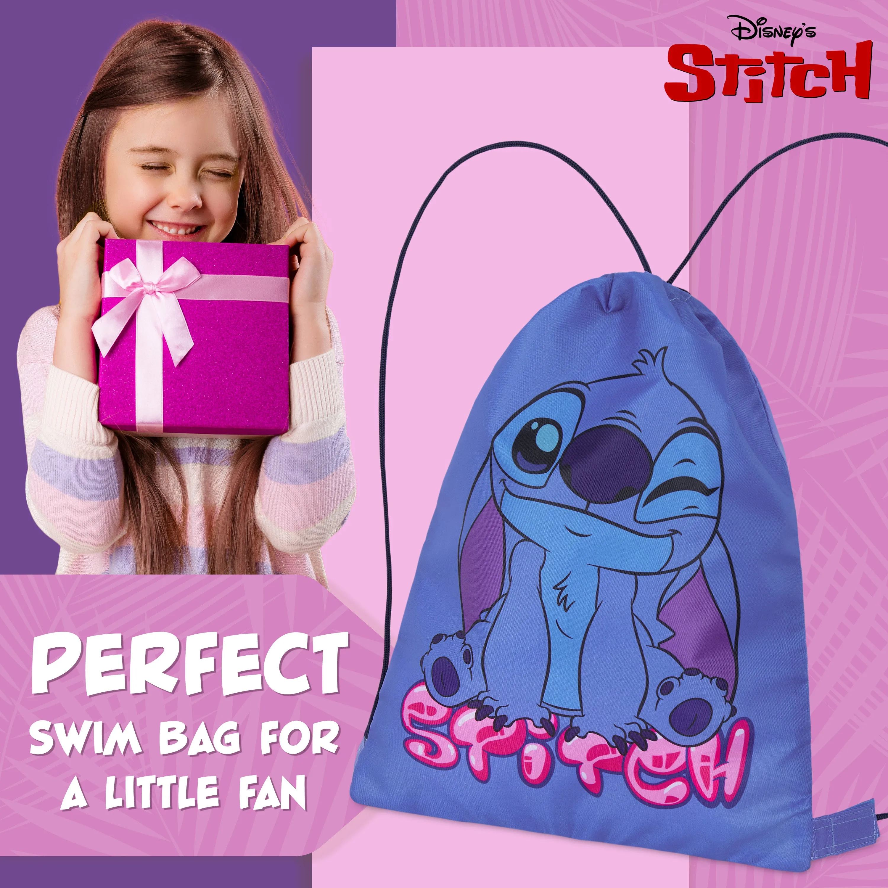 Disney Kids Drawstring Bags, 29 x 38cm Swimming Bag with Airflow Vent - Stitch
