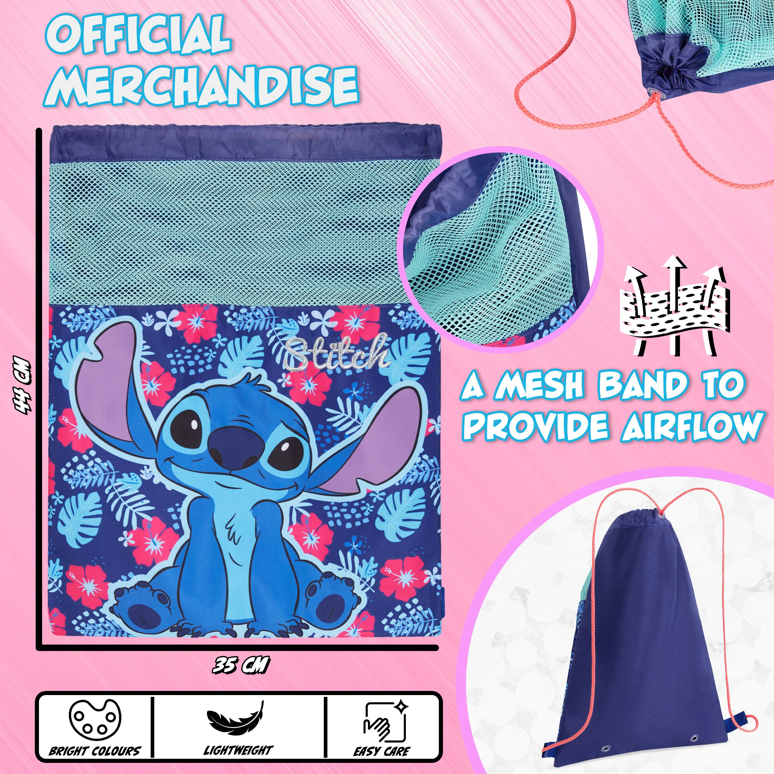 Disney Kids Drawstring Bags - Swimming Bag, School PE Bag - Stitch