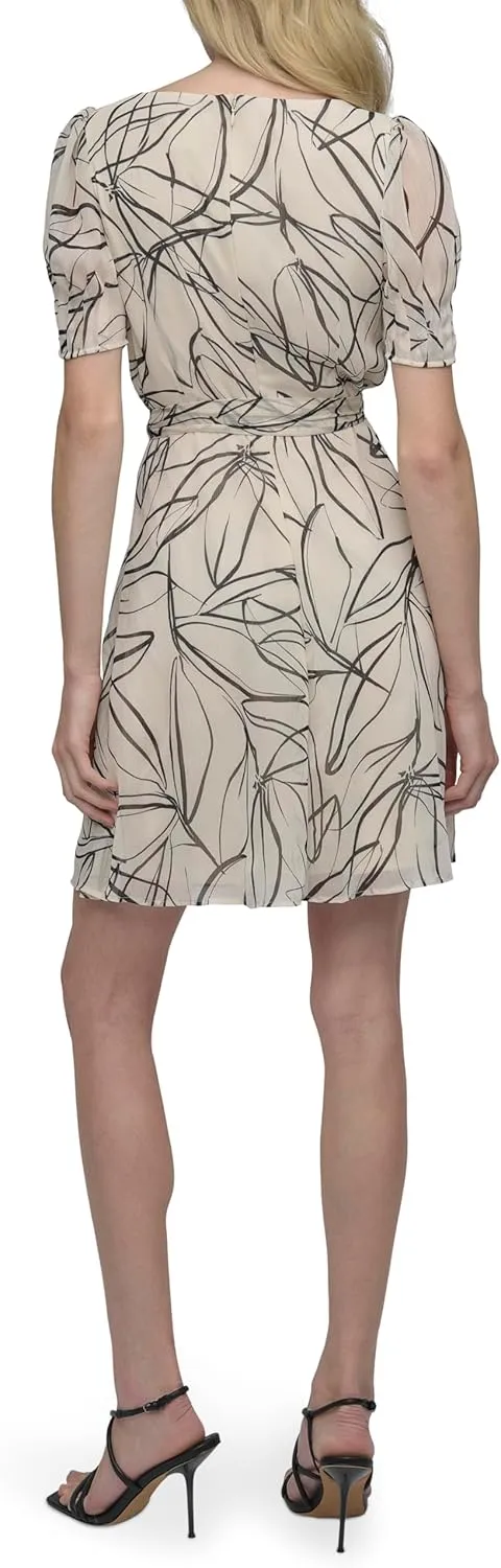 DKNY womens Short Sleeve Puff Sleeve Tie Waist Dress