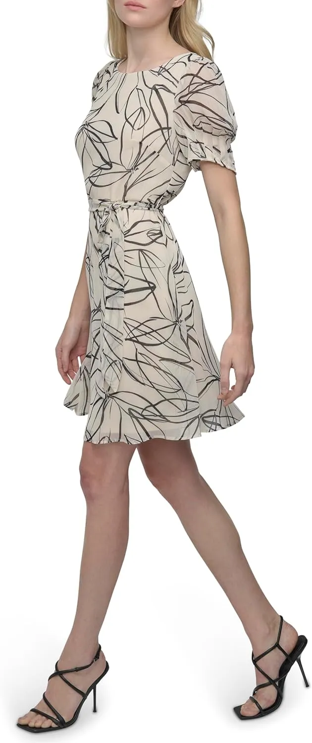 DKNY womens Short Sleeve Puff Sleeve Tie Waist Dress
