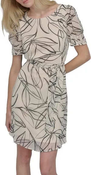 DKNY womens Short Sleeve Puff Sleeve Tie Waist Dress