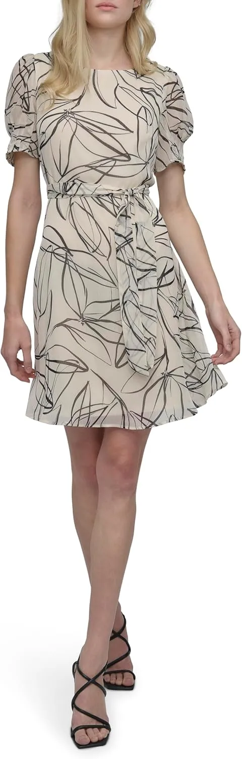 DKNY womens Short Sleeve Puff Sleeve Tie Waist Dress