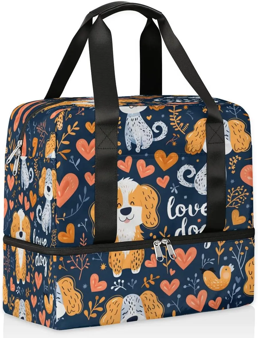 Dogs Love Heart Travel Duffel Bag Dry Wet Separated Sports Tote Travel Duffle Bag Gym Workout Bag Women Travel Duffel Bag for Women, Travel, Gym, Work