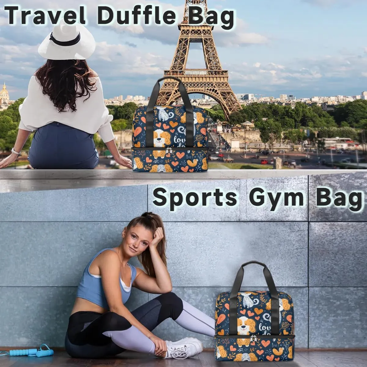 Dogs Love Heart Travel Duffel Bag Dry Wet Separated Sports Tote Travel Duffle Bag Gym Workout Bag Women Travel Duffel Bag for Women, Travel, Gym, Work