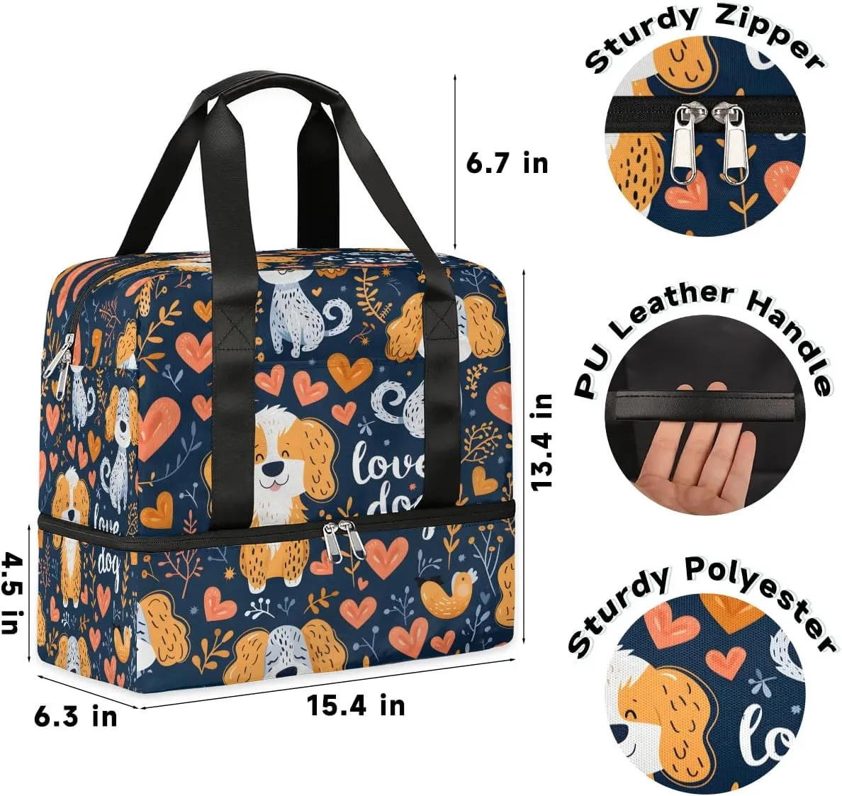 Dogs Love Heart Travel Duffel Bag Dry Wet Separated Sports Tote Travel Duffle Bag Gym Workout Bag Women Travel Duffel Bag for Women, Travel, Gym, Work