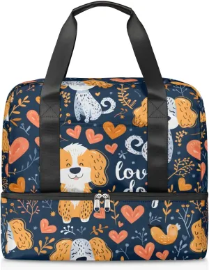 Dogs Love Heart Travel Duffel Bag Dry Wet Separated Sports Tote Travel Duffle Bag Gym Workout Bag Women Travel Duffel Bag for Women, Travel, Gym, Work
