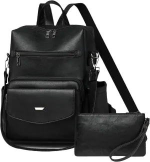 Dora & Liz Women's Leather Backpack Purse Fashion Travel Backpack Designer Convertible Shoulder Bag Work Handbag with Wristlet (Black)