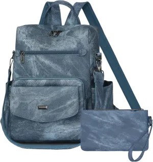 Dora & Liz Women's Leather Backpack Purse Fashion Travel Backpack Designer Convertible Shoulder Bag Work Handbag with Wristlet (Blue)