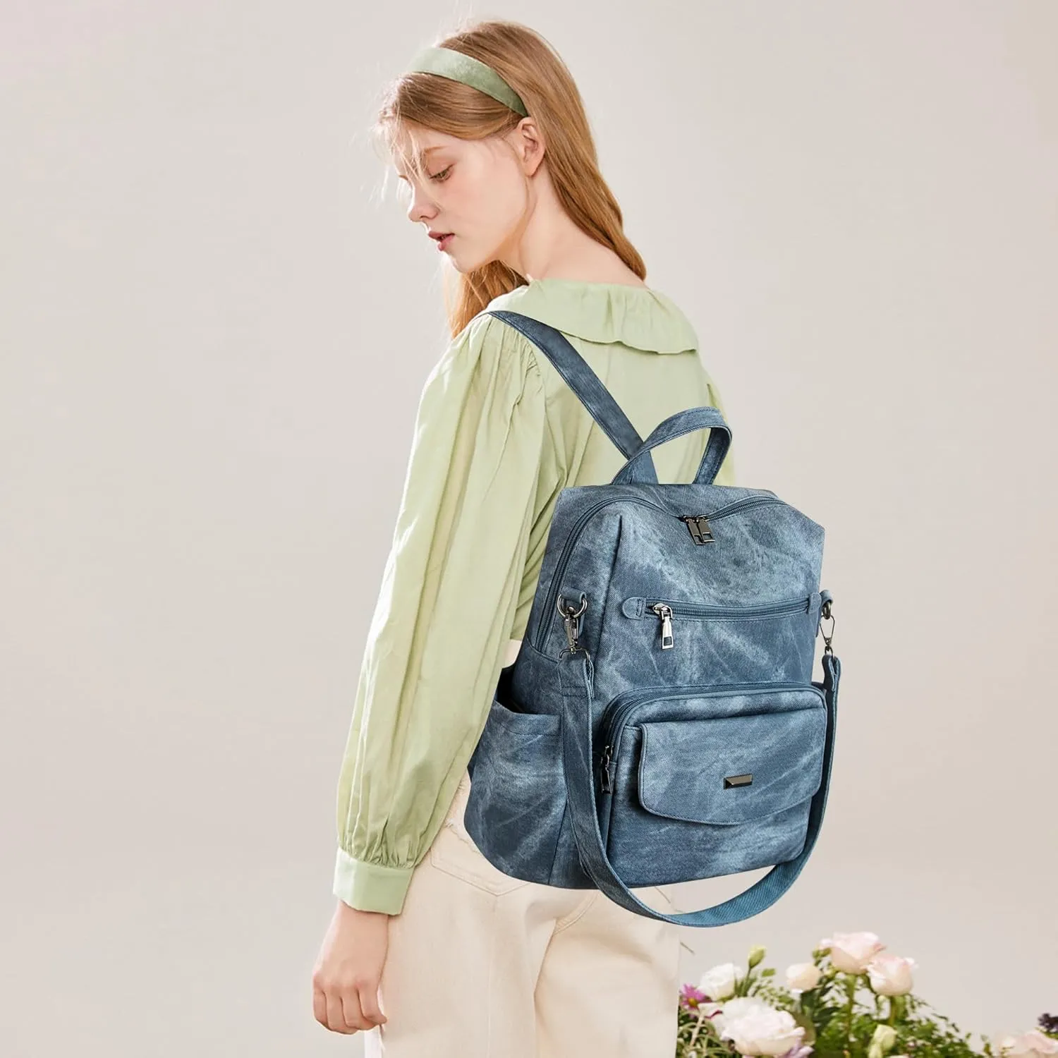 Dora & Liz Women's Leather Backpack Purse Fashion Travel Backpack Designer Convertible Shoulder Bag Work Handbag with Wristlet (Blue)