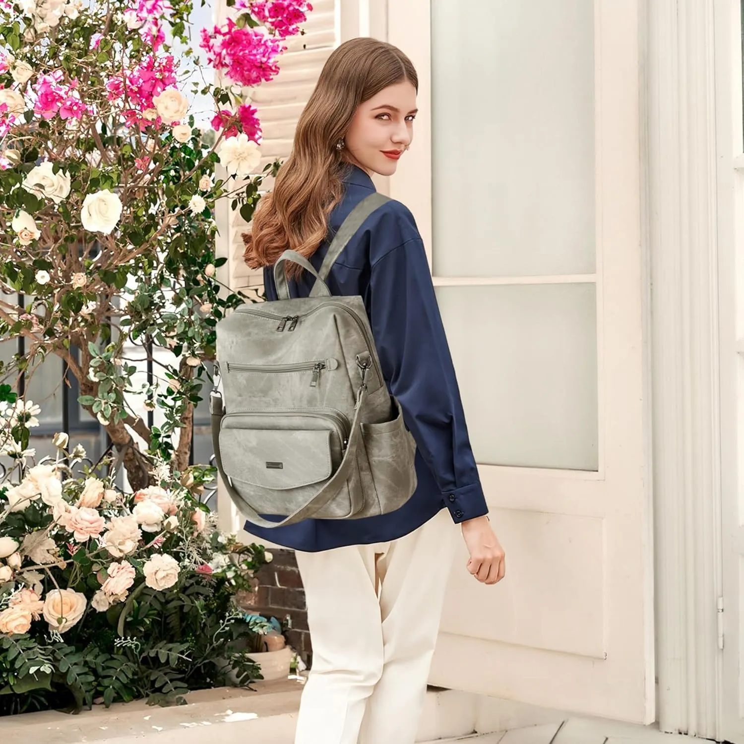 Dora & Liz Women's Leather Backpack Purse Fashion Travel Backpack Designer Convertible Shoulder Bag Work Handbag with Wristlet (Grey)
