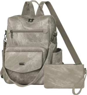 Dora & Liz Women's Leather Backpack Purse Fashion Travel Backpack Designer Convertible Shoulder Bag Work Handbag with Wristlet (Grey)