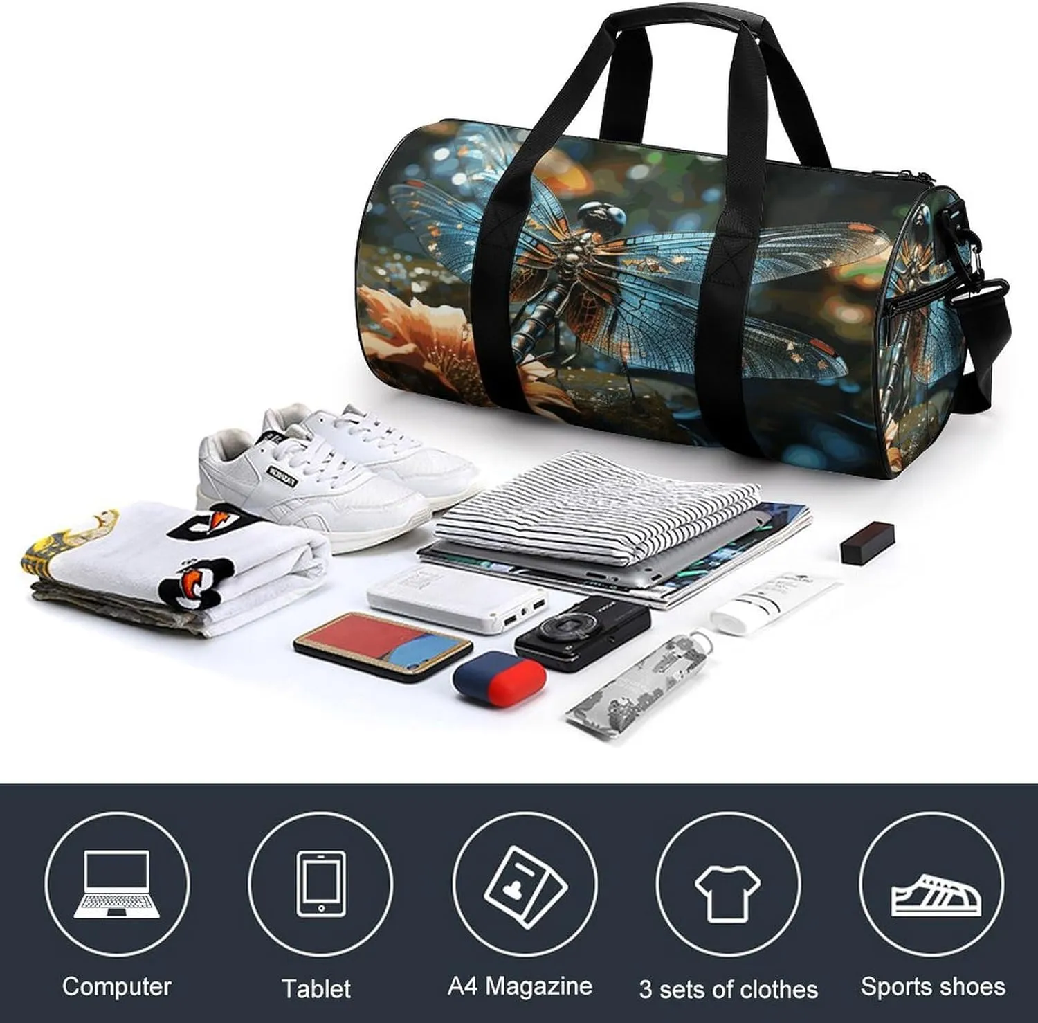 Dragonfly Flying on The Pond Gym Bag Small Travel Duffle Bag with Compartment Carry On Weekender Bag for Women Men