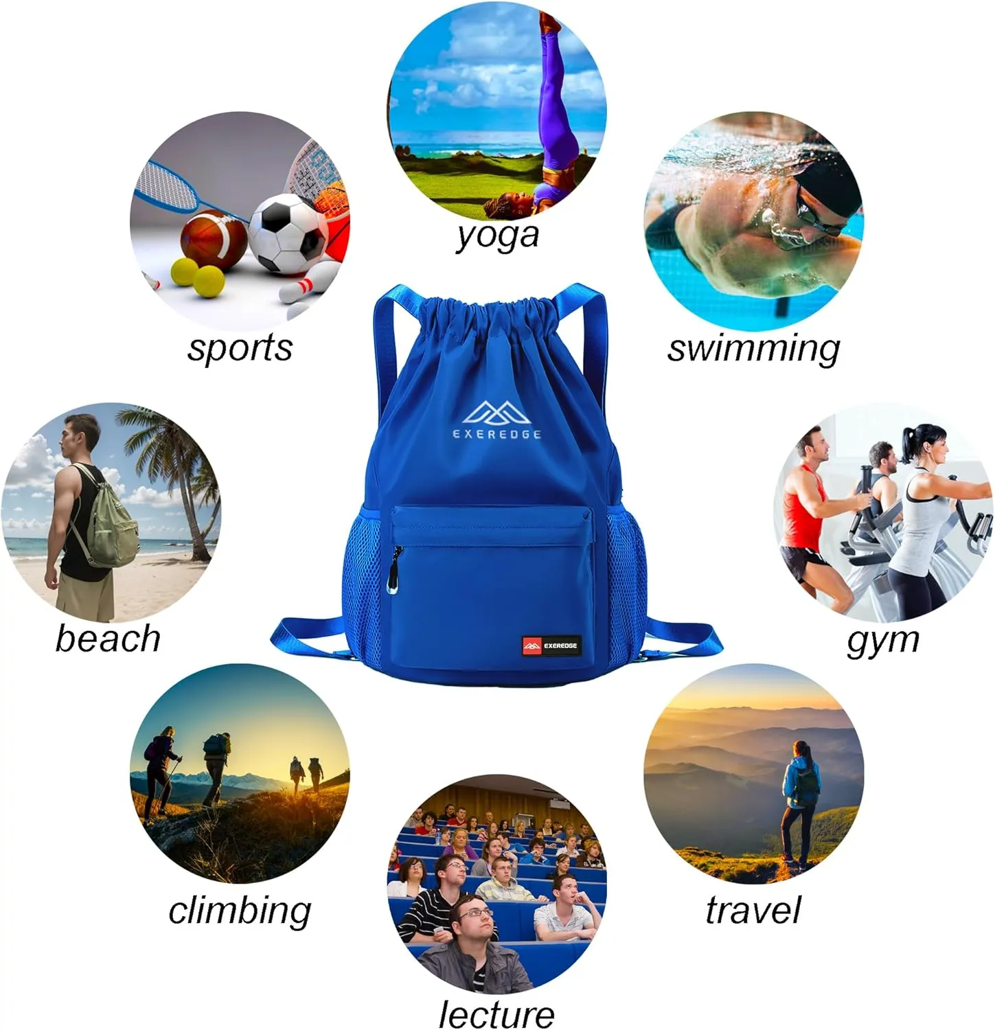 Drawstring Backpack for Women Men Sport Gym Bag Water Resistant Backpack Sandproof Beach Bag With Mesh Pockets (Blue)